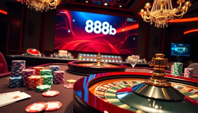 Engage in a thrilling casino moment at 888b with vibrant poker chips and an illuminated roulette wheel.