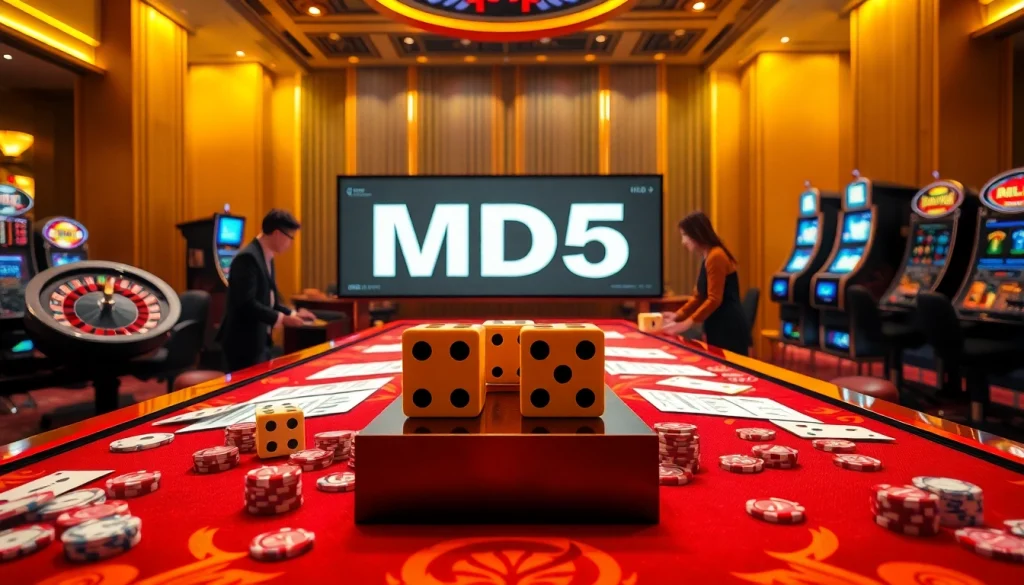 Tài xỉu md5 gameplay showcasing dynamic dice and betting action in a vibrant casino setting.