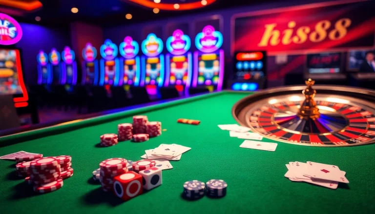 Place bets confidently at Hi88's dynamic online casino with poker chips and cards.