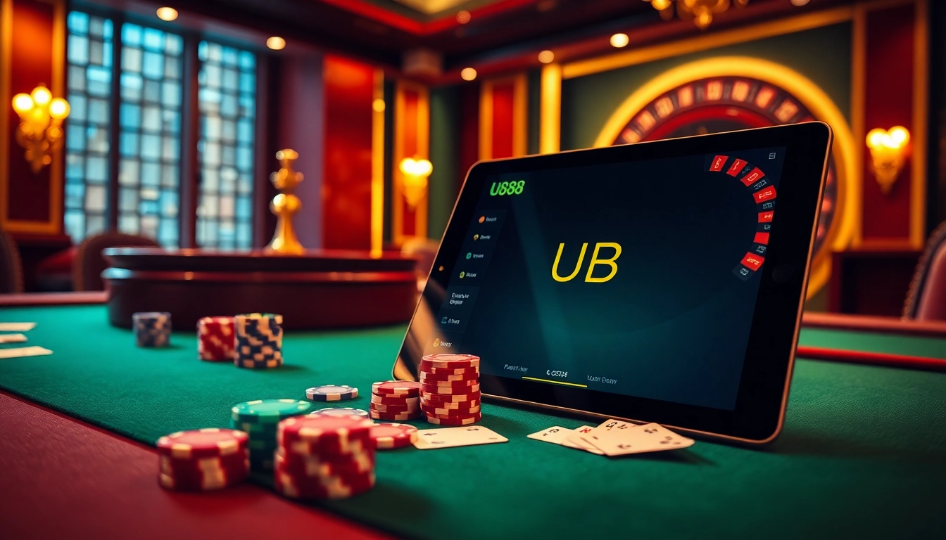 U888 online gaming interface showcasing excitement with poker chips and a roulette wheel.