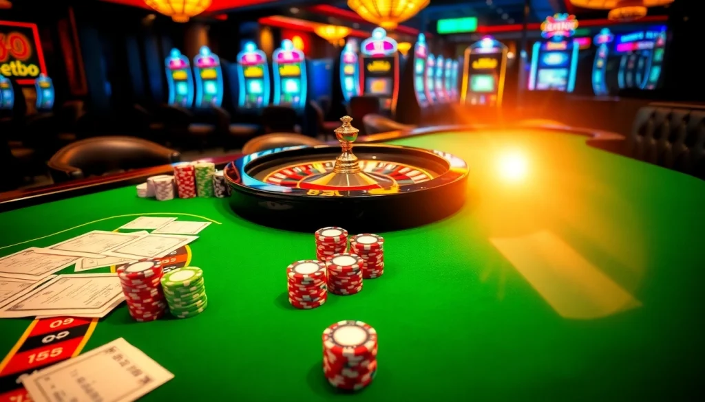 A vibrant casino scene showcasing tỷ lệ kèo bet88 with an elegant roulette wheel and colorful poker chips.