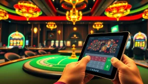 Thrilling zbet casino scene with poker tables, slot machines, and a digital betting interface.