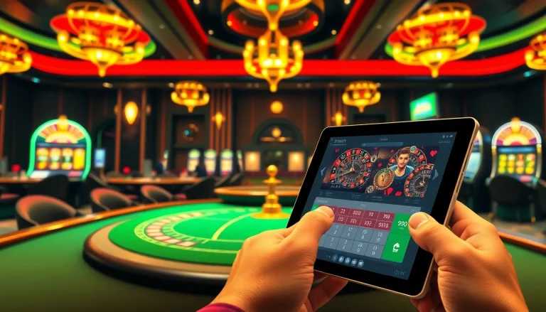 Thrilling zbet casino scene with poker tables, slot machines, and a digital betting interface.