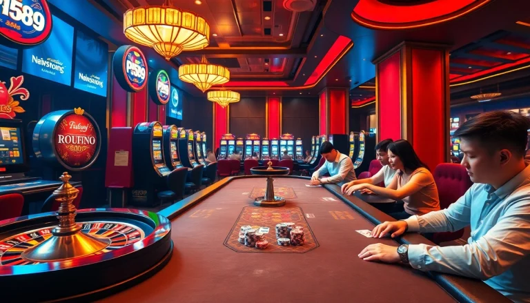 Action-packed casino scene featuring nhà cái PS99's vibrant poker tables and roulette excitement.
