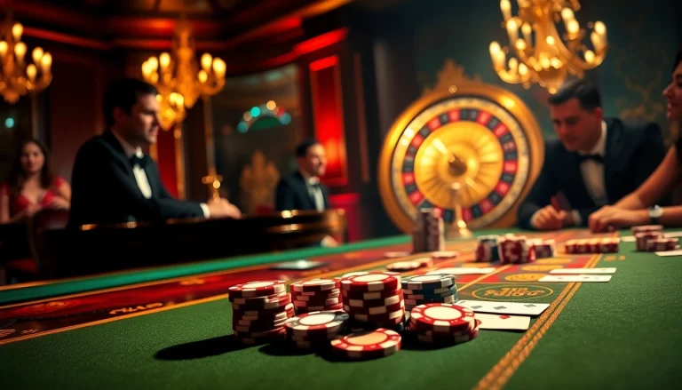 Players enjoy a thrilling game at king888's luxurious casino table, filled with poker chips.