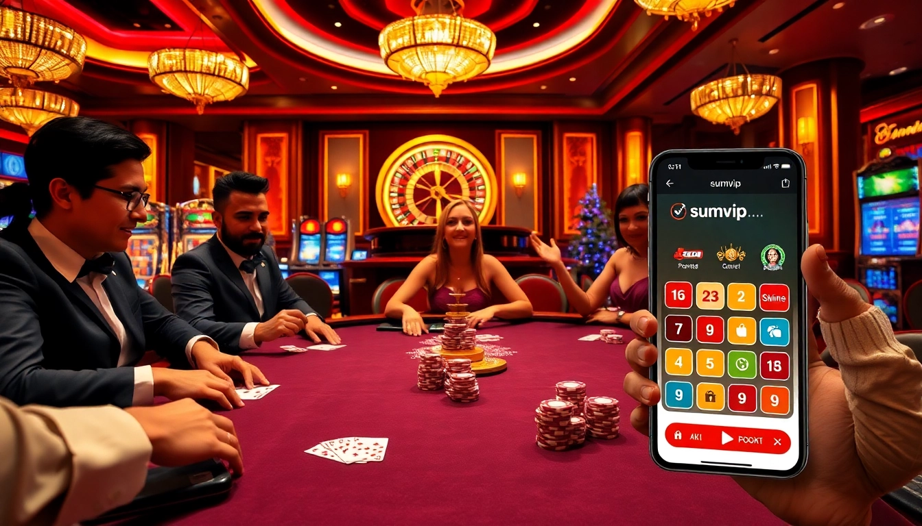 Player engaging with the sumvip app at a vibrant casino table full of excitement.
