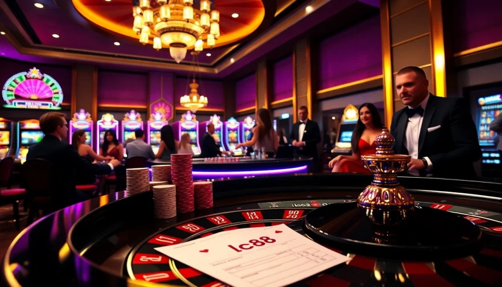 Experience the excitement of gambling at lc88 casino with a vibrant roulette table and eager players.