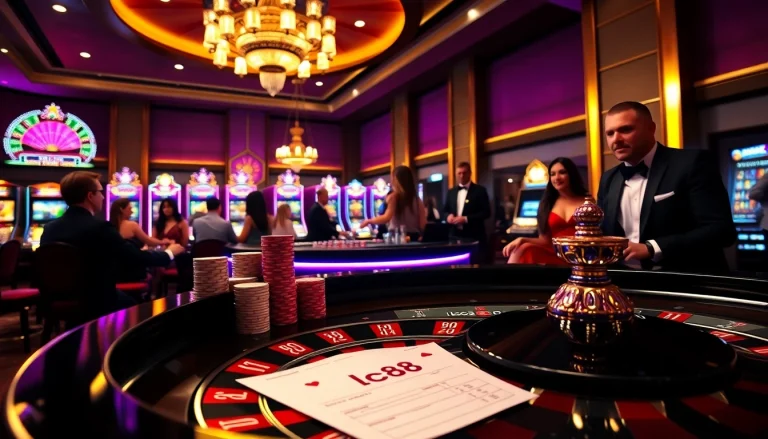 Experience the excitement of gambling at lc88 casino with a vibrant roulette table and eager players.