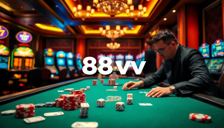 Exciting casino scene featuring high-quality chips and cards, focusing on 88vv gambling action.