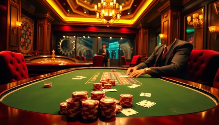 Experience thrilling casino action with okking on a luxurious poker table full of chips.
