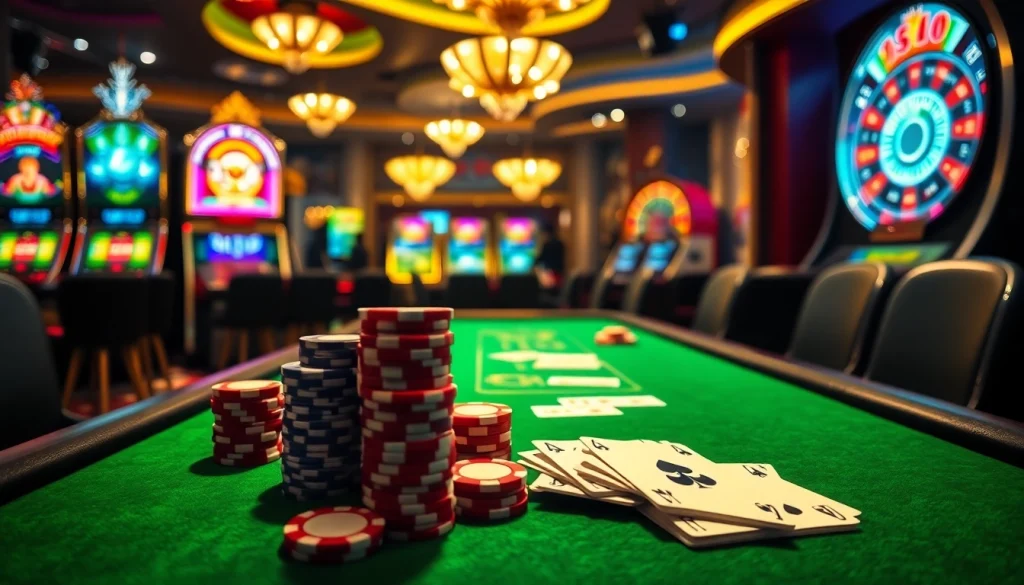 Experience the excitement of f168 đăng nhập as players engage at vibrant casino tables filled with chips and cards.