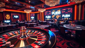 Experience the excitement of PUB88 with vibrant casino scene featuring roulette and poker tables.