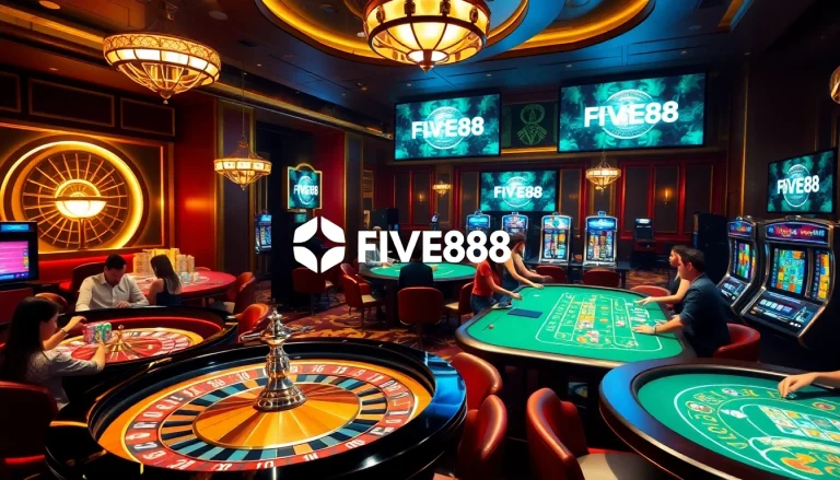 Players enjoying high-stakes games at nhà cái FIVE88 casino tables with luxurious ambiance.