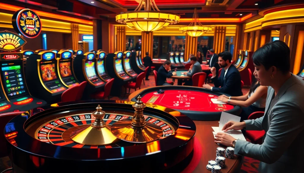 Experience the excitement of winning with luckywin882 at a vibrant casino featuring roulette and poker tables.