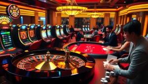 Experience the excitement of winning with luckywin882 at a vibrant casino featuring roulette and poker tables.