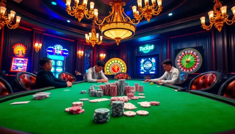 Engaging players at the trang chủ luck8 casino table, showcasing excitement and strategy in a luxury setting.