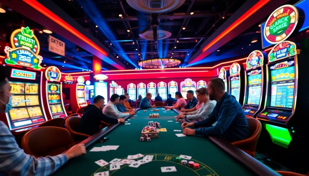 Exciting gaming atmosphere at tk88win.live casino with players and glowing slot machines.