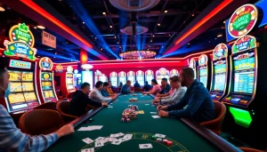 Exciting gaming atmosphere at tk88win.live casino with players and glowing slot machines.