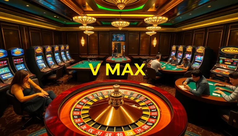 Experience thrilling gaming with VMAX at a luxurious casino featuring roulette and poker tables.