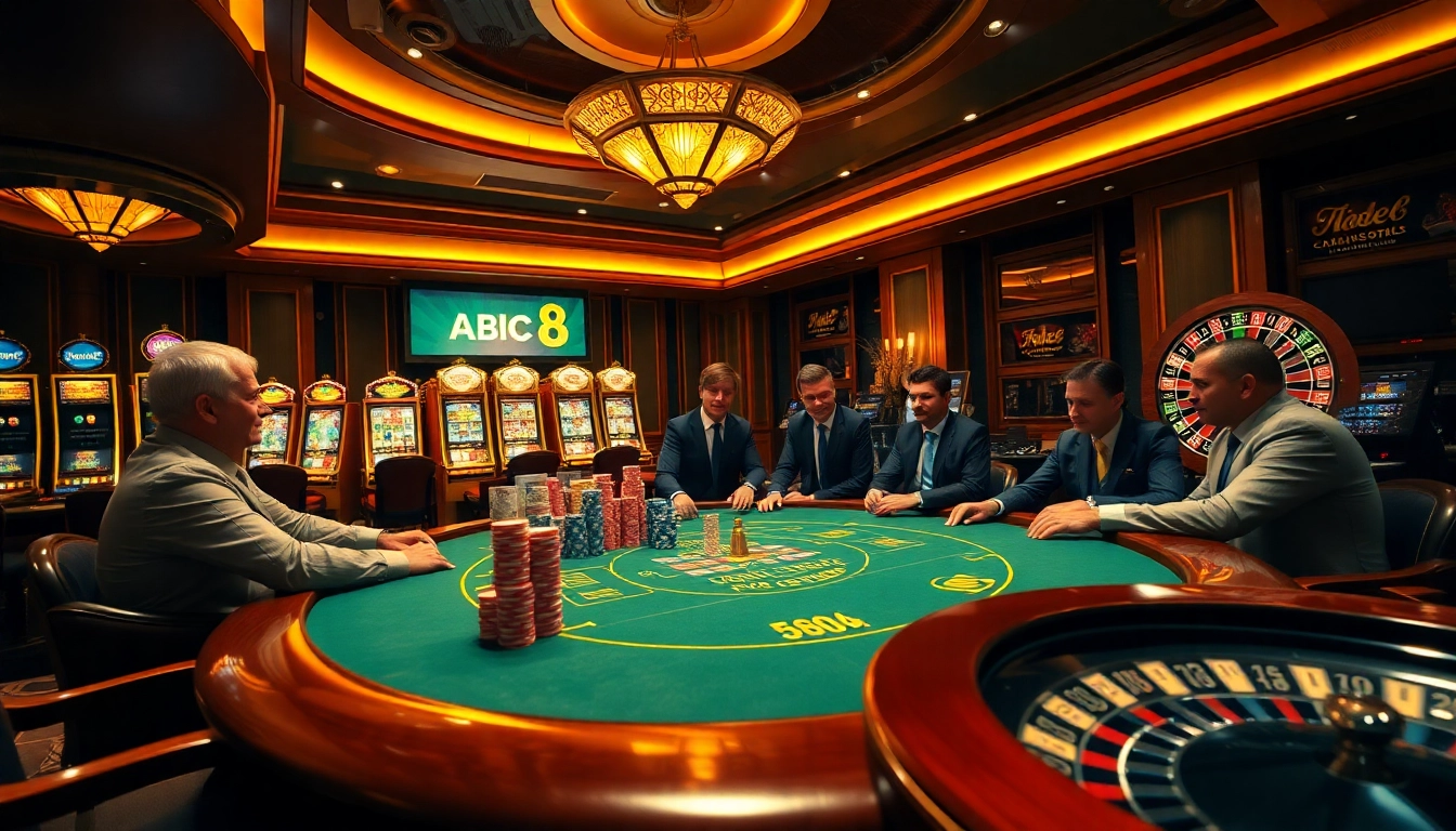 Visual representation of high-stakes casino gambling featuring ABC8-themed poker table.