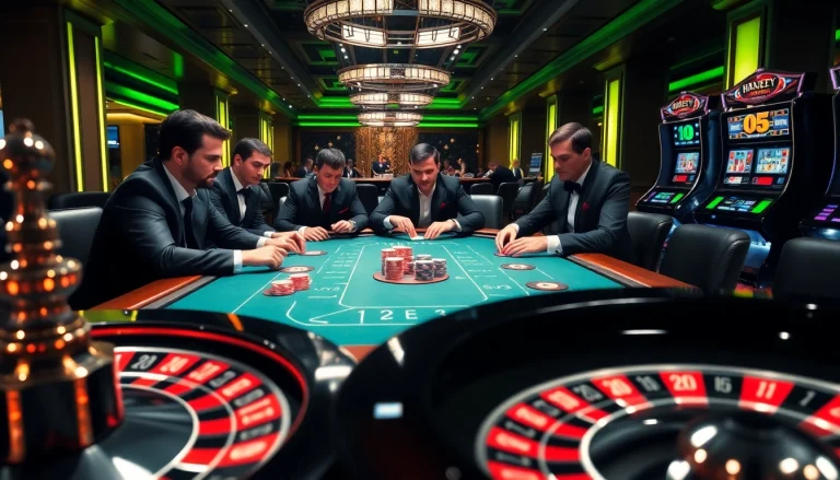 Players engaging in a high-stakes game at hm88 poker table, with vibrant chips and illuminated casino ambiance.