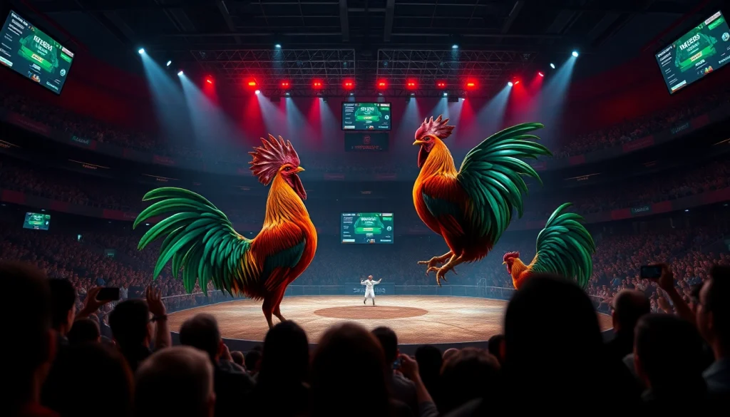 Live cockfighting arena at sv368win.live with vibrant colors and exciting atmosphere.