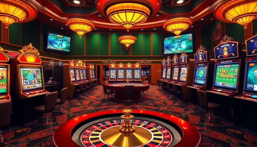 An engaging scene from https://cm88.bz/ showcasing players interacting with exciting slot machines and roulette, emphasizing the thrills of online gambling.