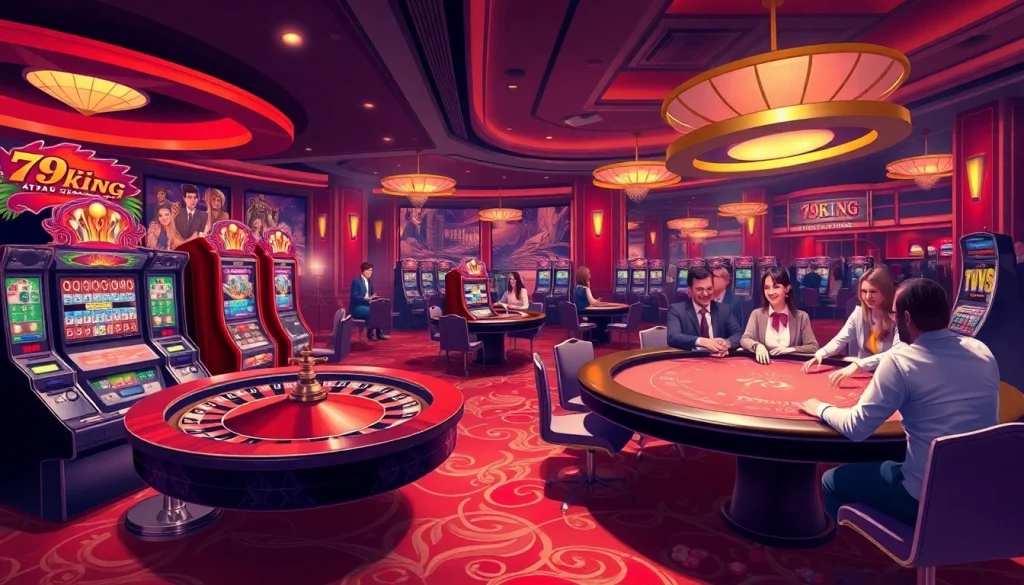 Exciting gambling scene at 79king casino featuring roulette, poker, and vibrant slot machines.