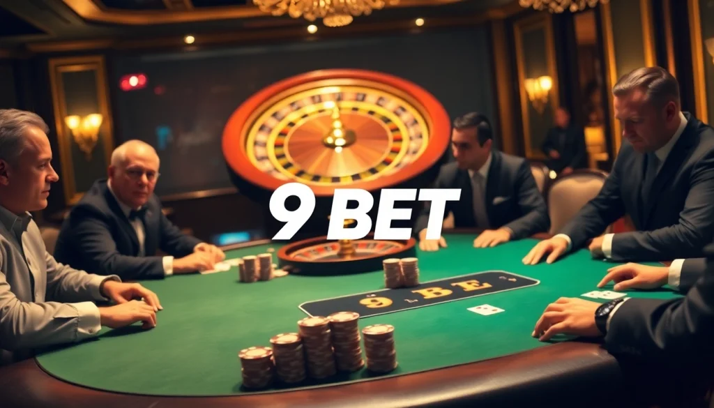 Players engaging in a thrilling poker game at 9BET's luxurious casino table amidst vibrant roulette excitement.