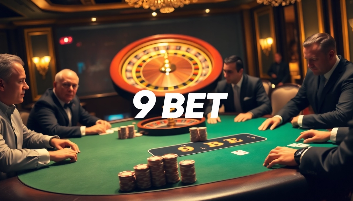 Players engaging in a thrilling poker game at 9BET's luxurious casino table amidst vibrant roulette excitement.