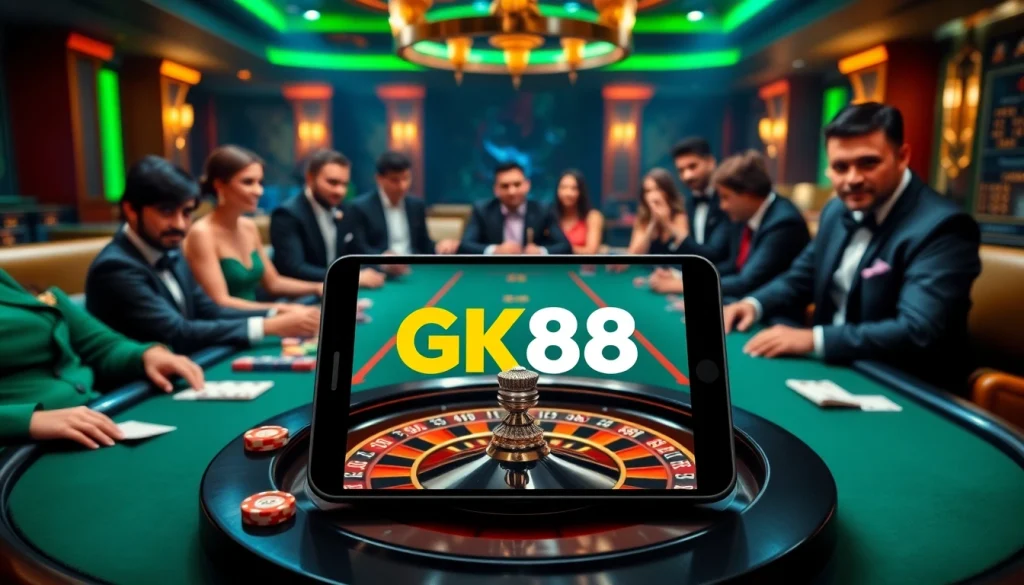 GK88 casino players engaged in a thrilling poker game at a luxurious table.