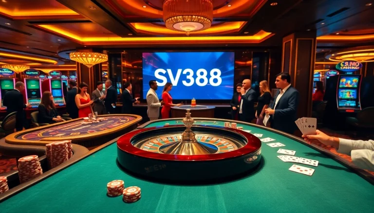 SV388 players enjoying an exciting game with poker chips and a roulette wheel in a luxurious casino setting.