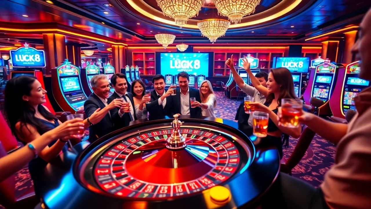 Người chơi ăn mừng chiến thắng tại casino sôi động của LUCK8, xung quanh là các bàn roulette và máy đánh bạc.