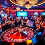 Người chơi ăn mừng chiến thắng tại casino sôi động của LUCK8, xung quanh là các bàn roulette và máy đánh bạc.