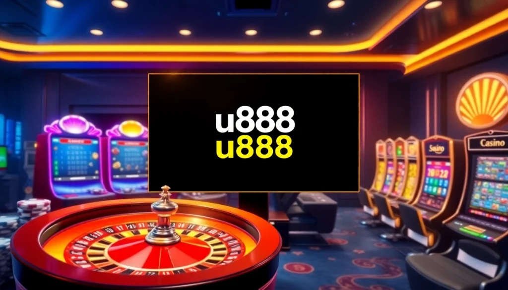 Players engaging with the vibrant u888 online casino interface filled with poker chips and slot machines.