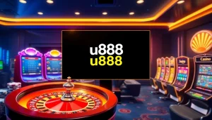 Players engaging with the vibrant u888 online casino interface filled with poker chips and slot machines.