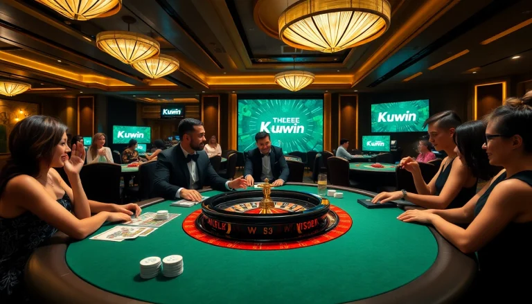 Kuwin casino players enjoying exciting games at a luxurious table with vibrant atmosphere.