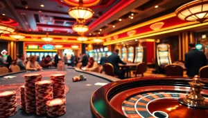 SODO casino scene showcasing poker tables and roulette wheels for an exciting gambling atmosphere.