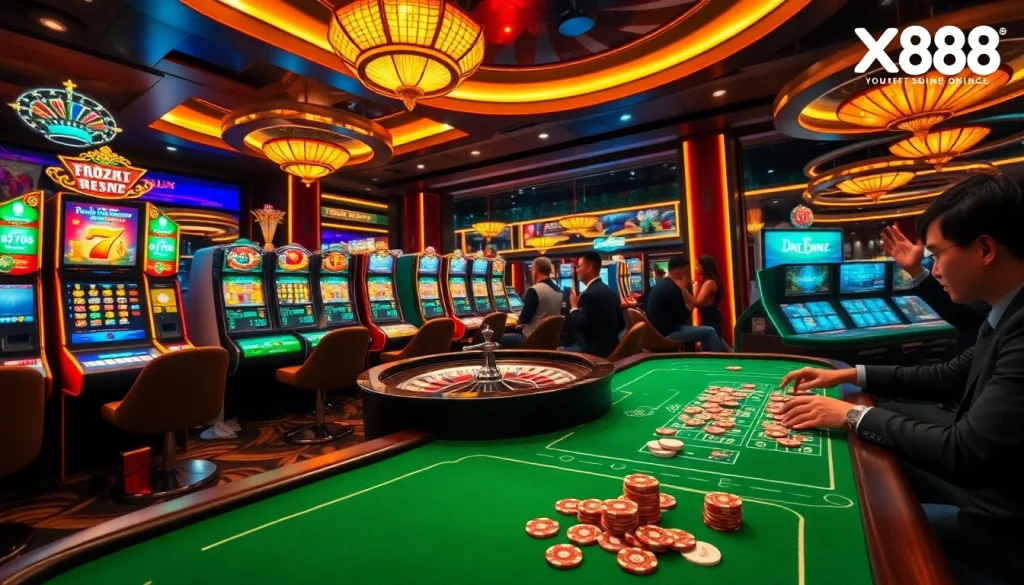 Experience the excitement of gambling with xin88 at a vibrant casino scene filled with slot machines and poker tables.