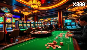 Experience the excitement of gambling with xin88 at a vibrant casino scene filled with slot machines and poker tables.