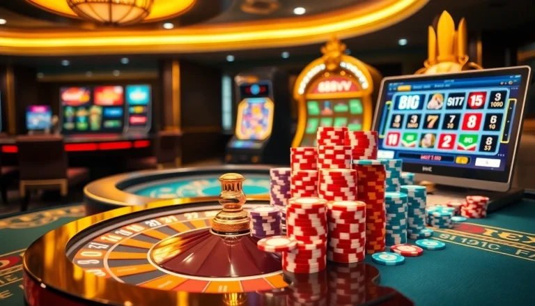 Experience thrilling games at 88vv casino with vibrant poker chips and a roulette wheel.
