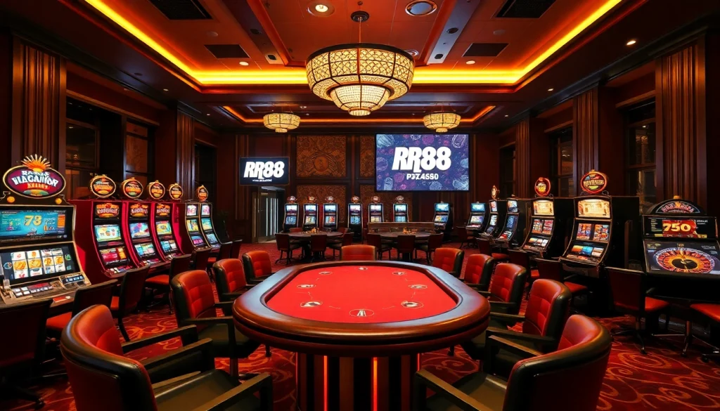 Experience the thrill of RR88 at a luxurious casino filled with card games and slot machines.