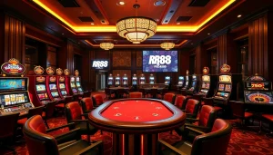 Experience the thrill of RR88 at a luxurious casino filled with card games and slot machines.