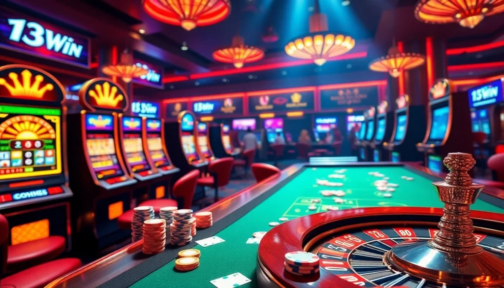 Experience the thrill of the 13Win app with vibrant casino visuals showcasing poker chips and roulette.