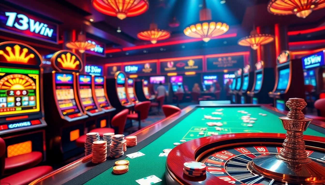 Experience the thrill of the 13Win app with vibrant casino visuals showcasing poker chips and roulette.