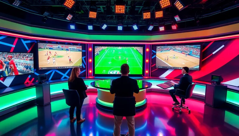 Hosts engaging in Sports Broadcasting within a vibrant studio setting with dynamic screens.