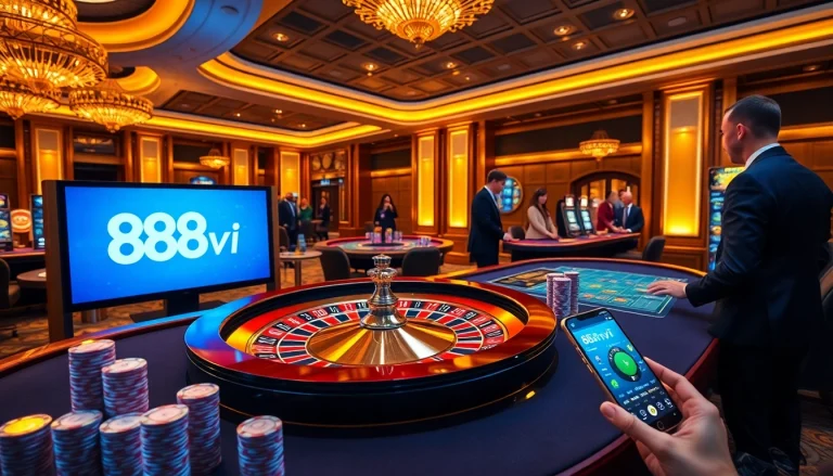 Exciting casino scene featuring 888vi logo, roulette table, and engaged players enjoying gambling.