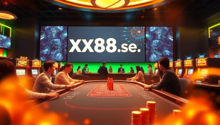 Players enjoying a vibrant casino atmosphere featuring xx88.se.net with poker chips and slot machines.