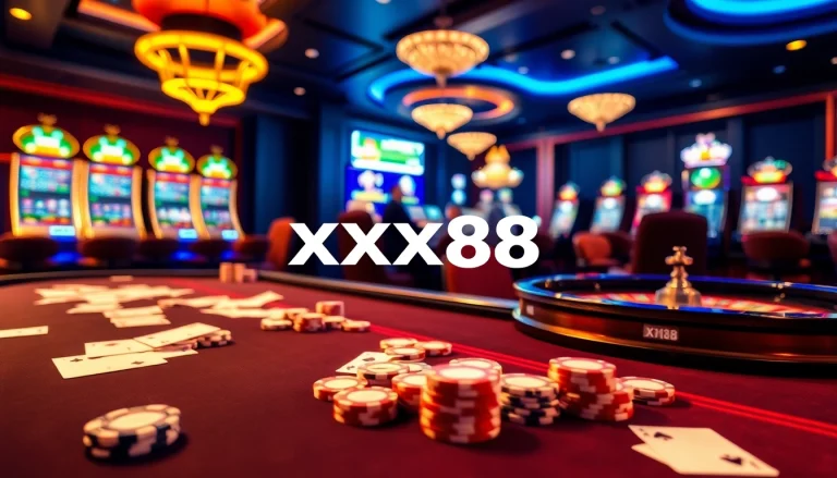 Experience the excitement of nhà cái xx88 with vibrant gambling visuals, showcasing poker tables and slot machines.