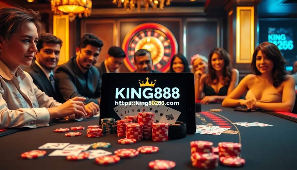 Your next winning strategy at https://king882026.com/ amidst a luxurious casino setting filled with poker chips and cards.